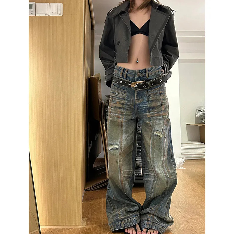 Y2K Retro High Streetwear Wide Leg Jeans - Blue Hip-hop Baggy Pants