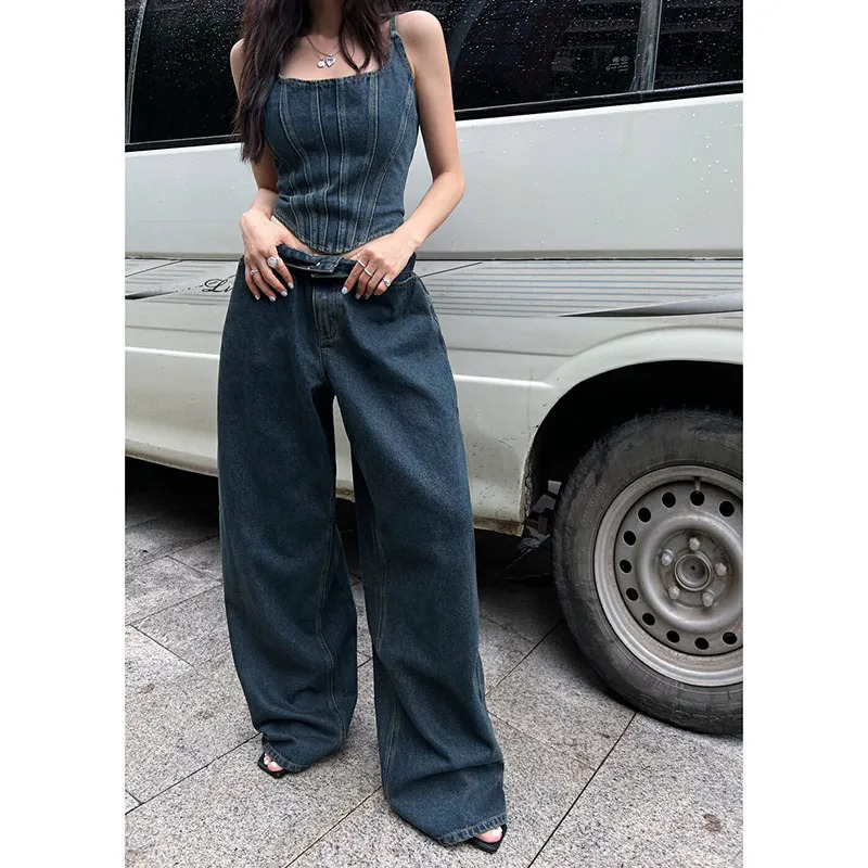 Y2K Retro High Waist Baggy Denim Jeans - Vintage Harajuku Style Casual Loose Fit Wide Leg Pants