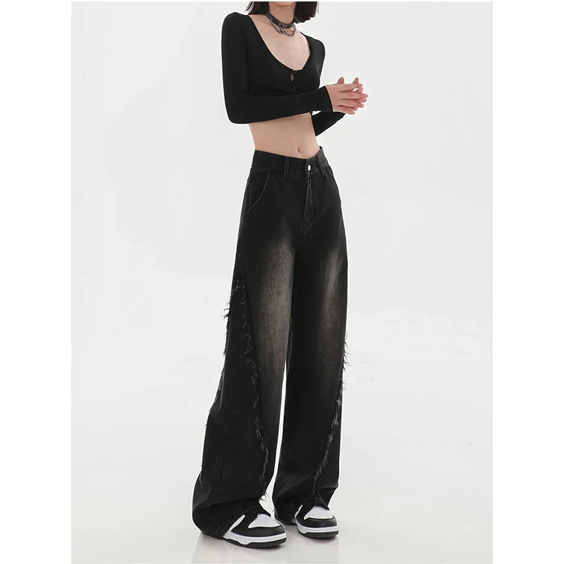 Y2K Retro High Waist Black Tassel Jeans - Casual Loose Fit Wide Leg Denim Pants