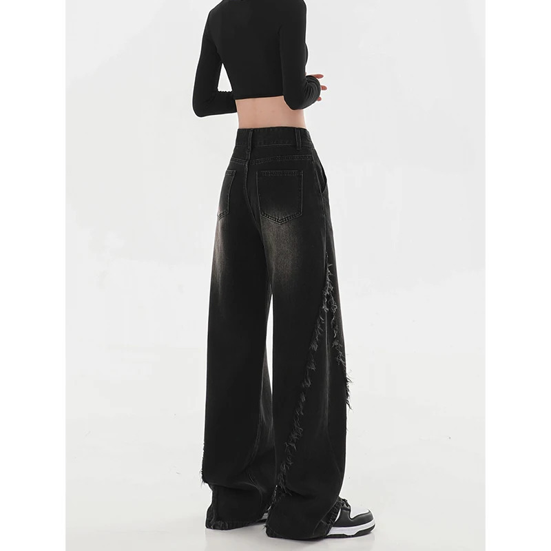 Y2K Retro High Waist Black Tassel Jeans - Casual Loose Fit Wide Leg Denim Pants