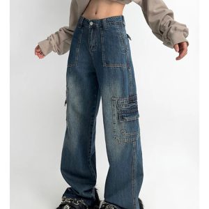 Y2K Retro High Waist Blue Denim Overalls - Women's Streetwear Fashion