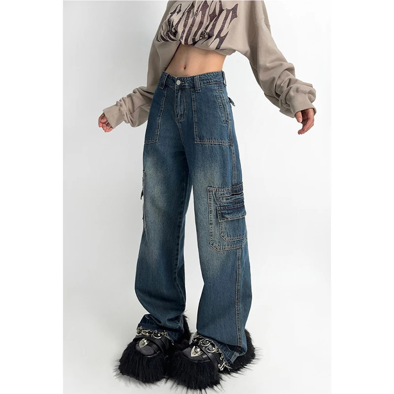 Y2K Retro High Waist Blue Denim Overalls - Women's Streetwear Fashion