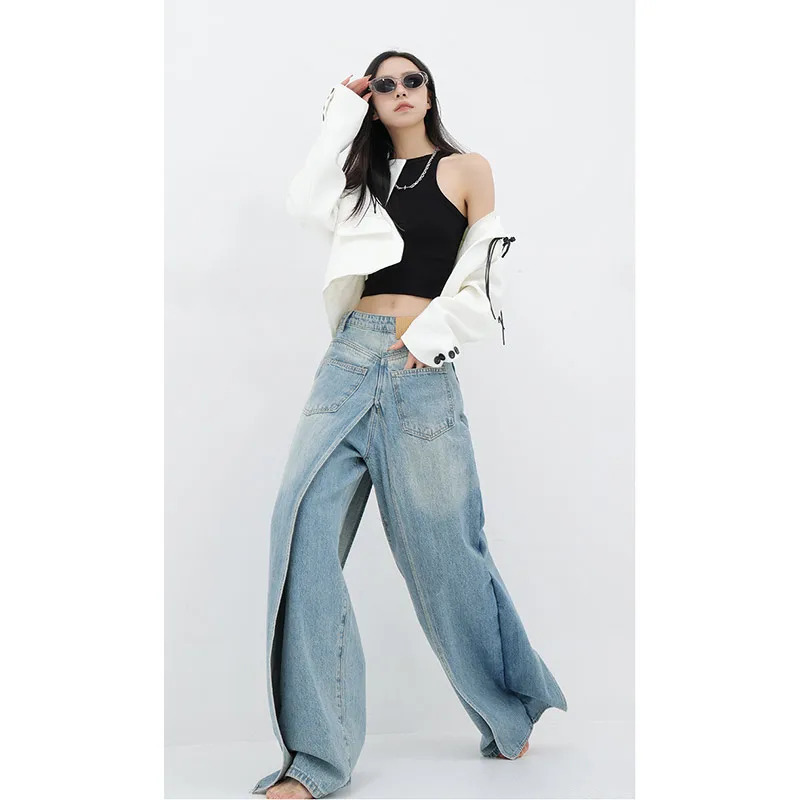 Y2K Retro High Waist Oversized Jeans - Casual Baggy Wide Leg Pants for Women - Grunge Streetwear Blue Den