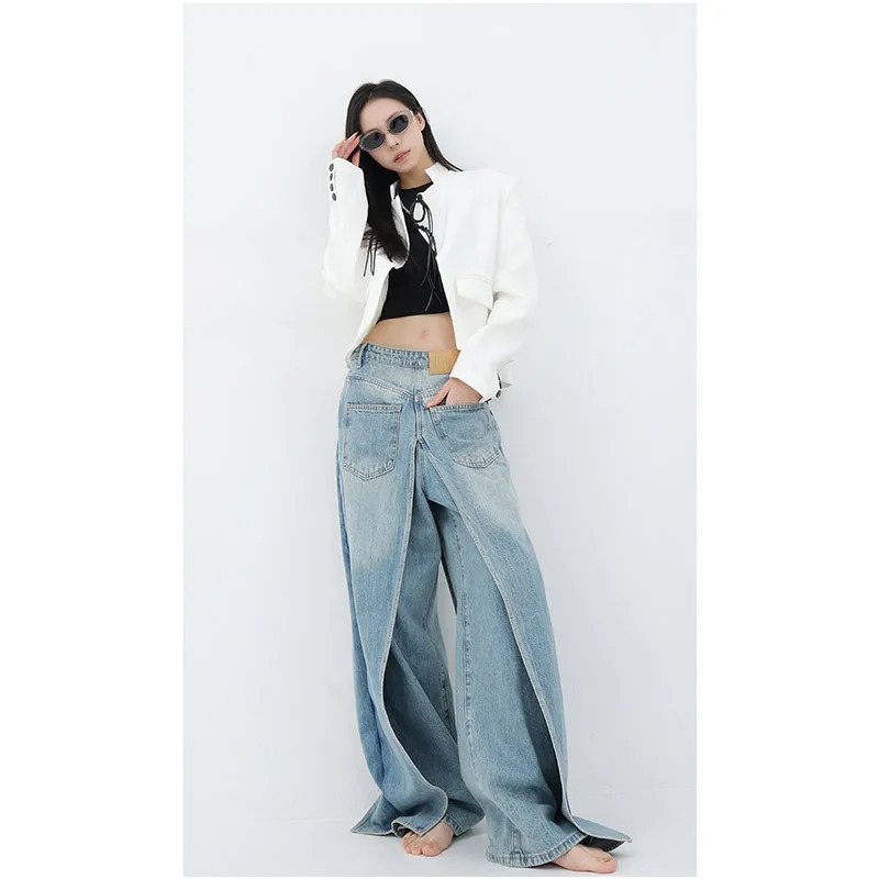 Y2K Retro High Waist Oversized Jeans - Casual Baggy Wide Leg Pants for Women - Grunge Streetwear Blue Den