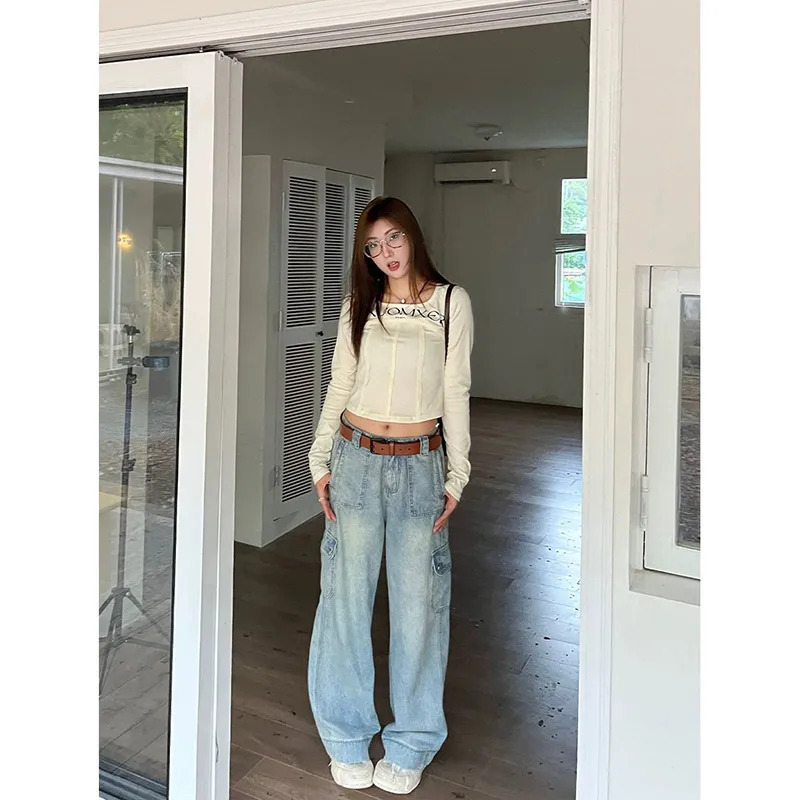 Y2K Retro High Waist Straight Jeans Blue Pants - Women's Casual Grunge Streetwear Style 90s Fashion Denim