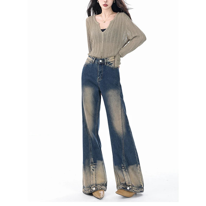 Y2K Retro High Waist Streetwear Blue Wide Leg Denim Jeans - Women's Baggy Trouser