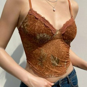 Y2K Retro Indie Mesh Lace Sleeveless Crop Top - 90s Grunge Summer Party Outfit