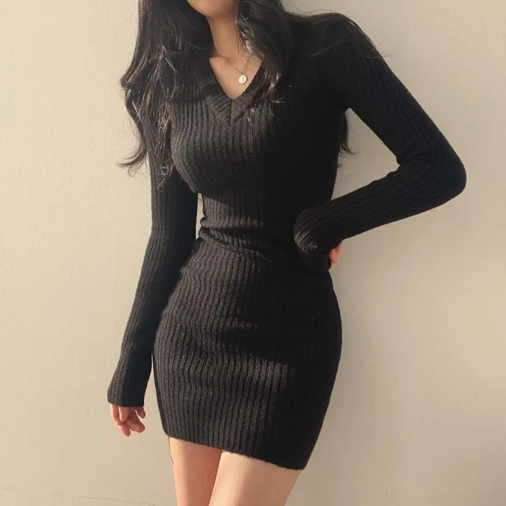 Y2K Retro Knitted Bodycon V-Neck Dress - 90s Grunge, Summer, Party, and Club