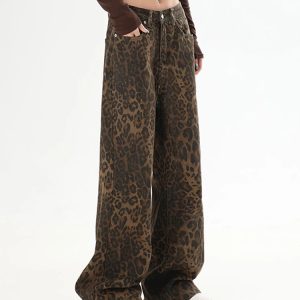 Y2K Retro Leopard Print Brown Jeans - Women's Street Fashion Straight Tube Baggy Pants