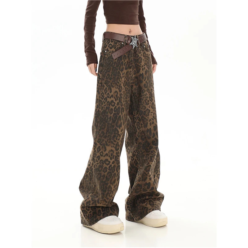 Y2K Retro Leopard Print Brown Jeans - Women's Street Fashion Straight Tube Baggy Pants