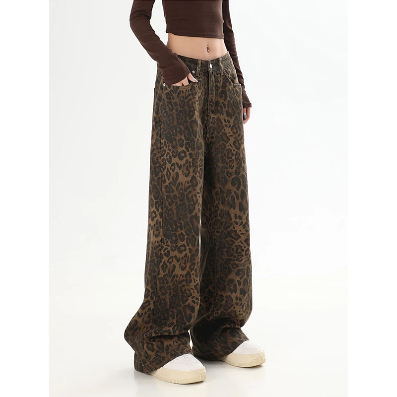 Y2K Retro Leopard Print Brown Jeans - Women's Street Fashion Straight Tube Baggy Pants