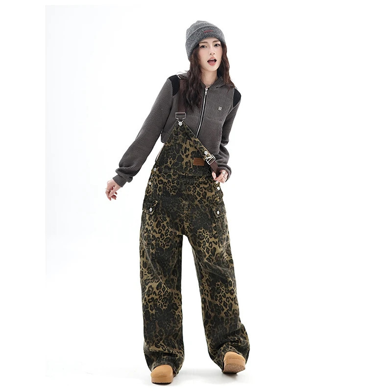 Y2K Retro Leopard Print Sleeveless Denim Jumpsuit