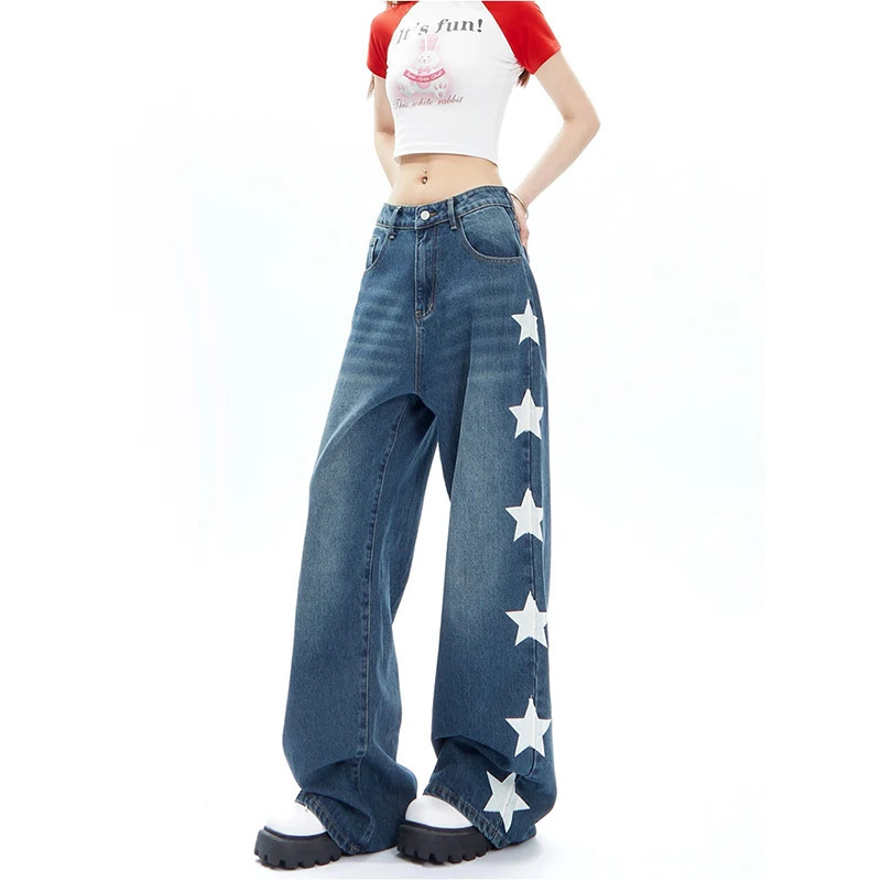 Y2K Retro Pink Stars Print Denim Trouser - Vintage High Waist Loose Jeans for Women