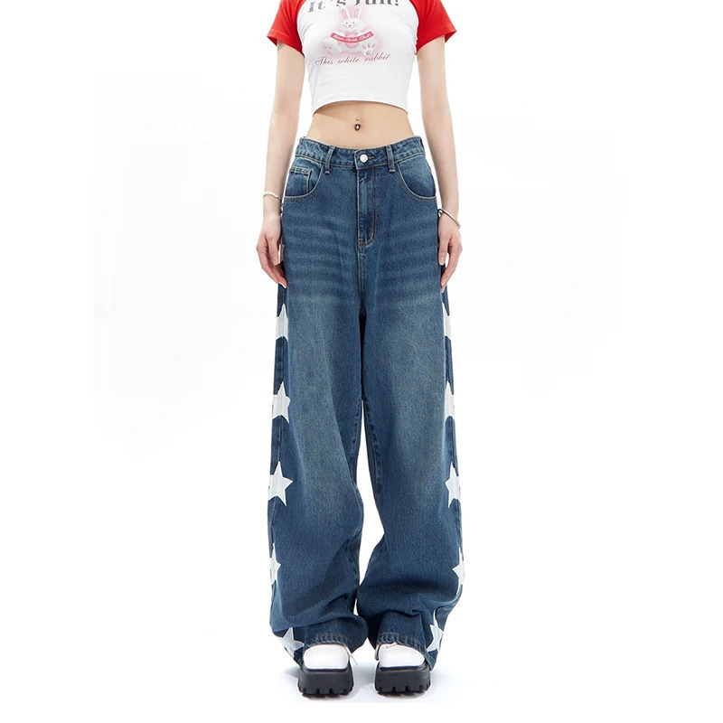 Y2K Retro Pink Stars Print Denim Trouser - Vintage High Waist Loose Jeans for Women