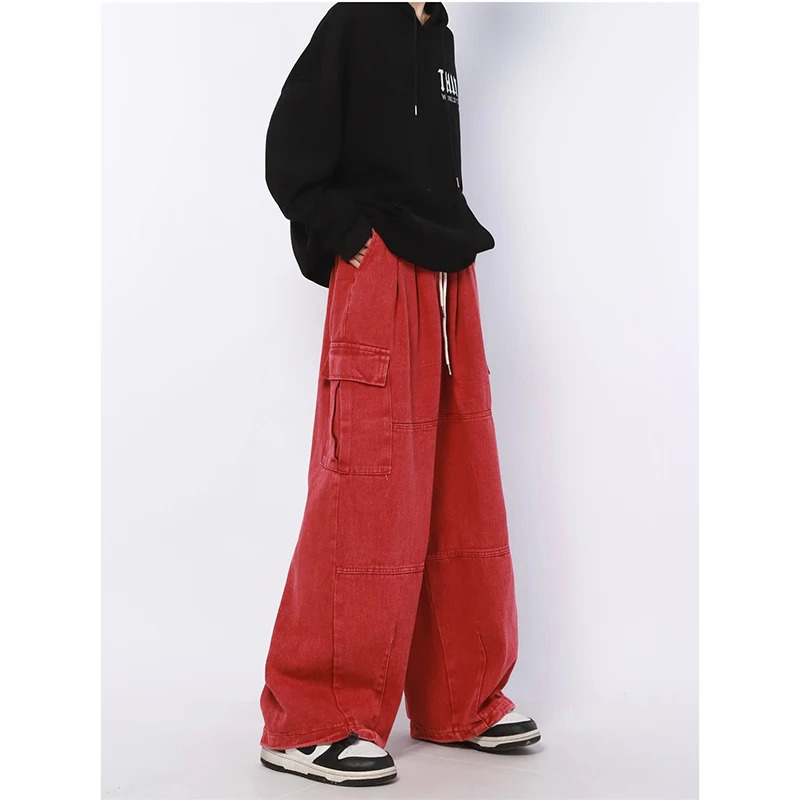 Y2K Retro Red Wide Leg Overalls: Women's Casual American Street Style Cargo Denim Trousers