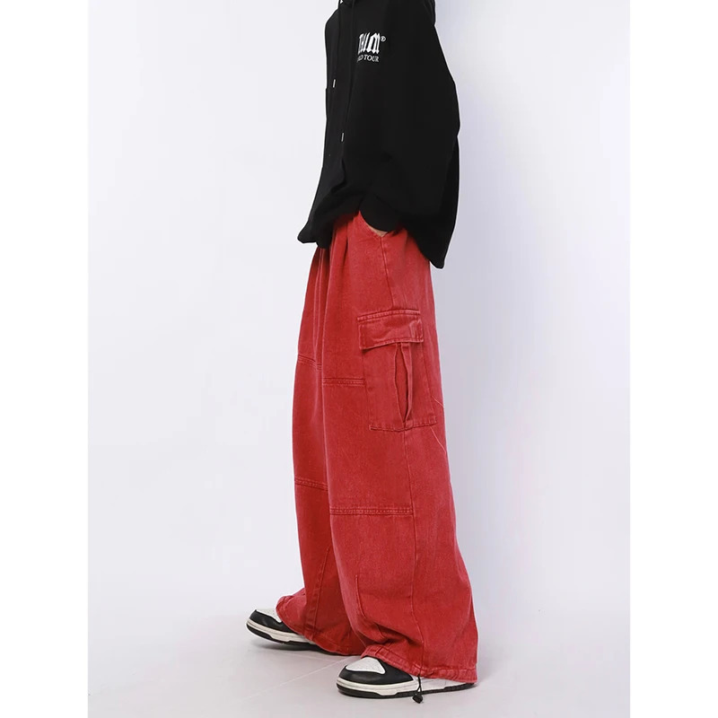 Y2K Retro Red Wide Leg Overalls: Women's Casual American Street Style Cargo Denim Trousers