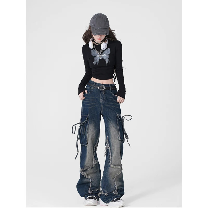 Y2K Retro Stars Tassels High Waist Straight Jeans - Women's Casual Baggy Wide Leg Grunge Streetwear Den