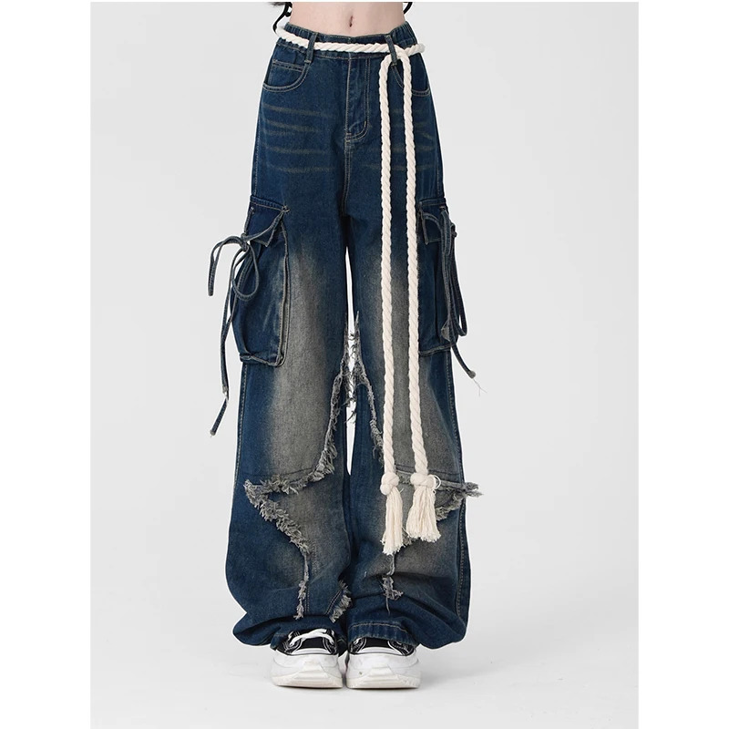 Y2K Retro Stars Tassels High Waist Straight Jeans - Women's Casual Baggy Wide Leg Grunge Streetwear Den