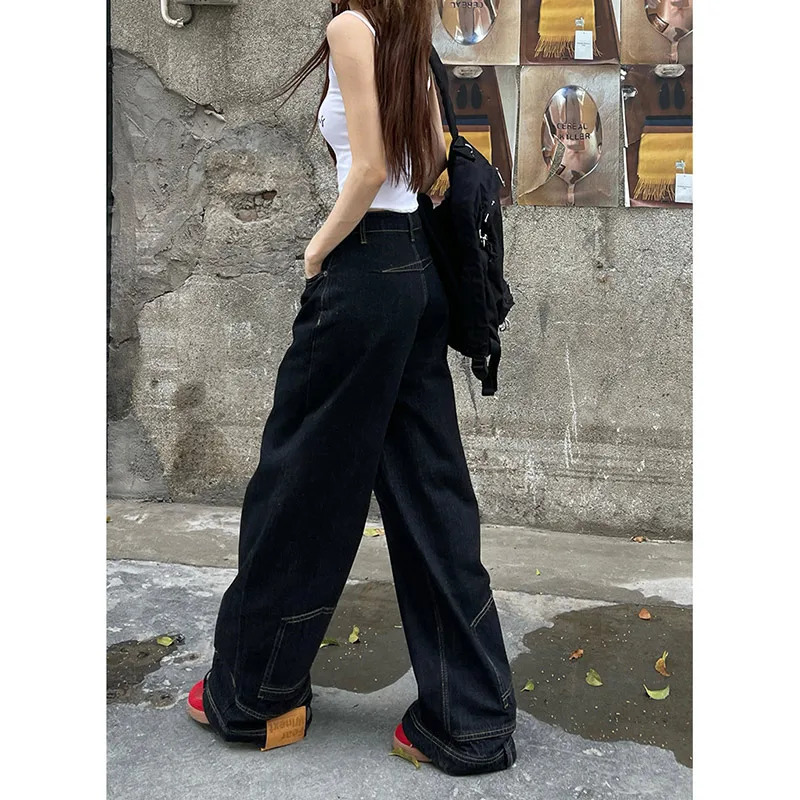 Y2K Retro Streetwear Black Women's High Waist Loose Wide Leg Jeans