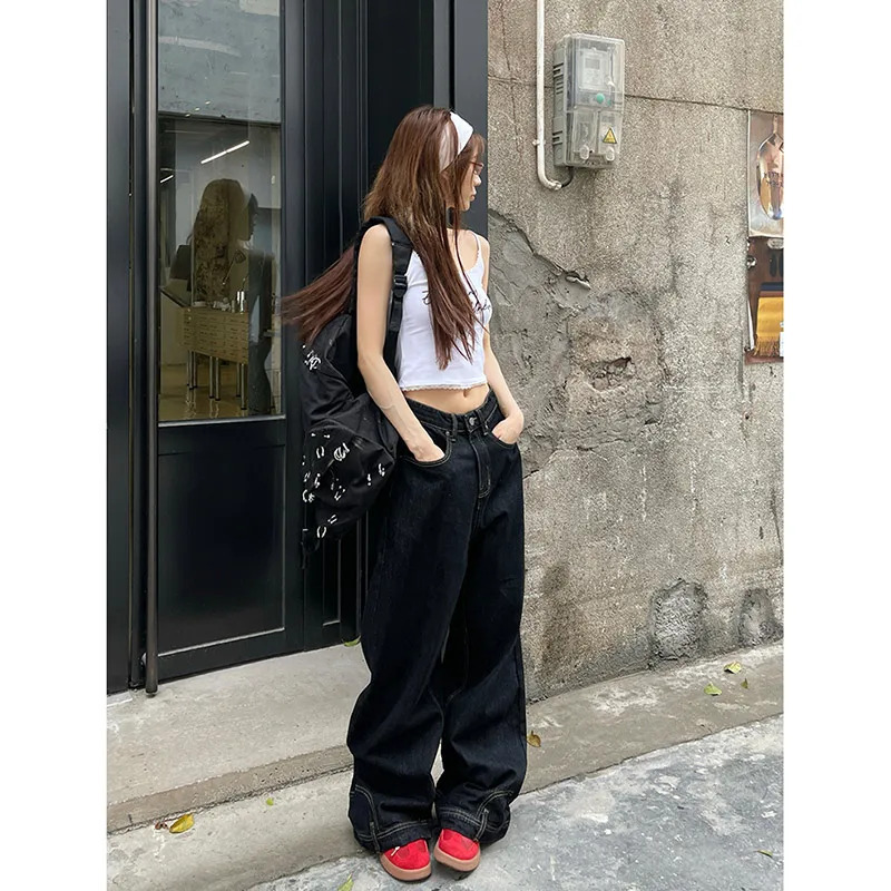 Y2K Retro Streetwear Black Women's High Waist Loose Wide Leg Jeans