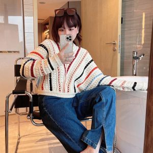 Y2K Retro Striped Crochet Crop Sweater - 90s Grunge, Summer Outfits, Pastel Goth Fashion