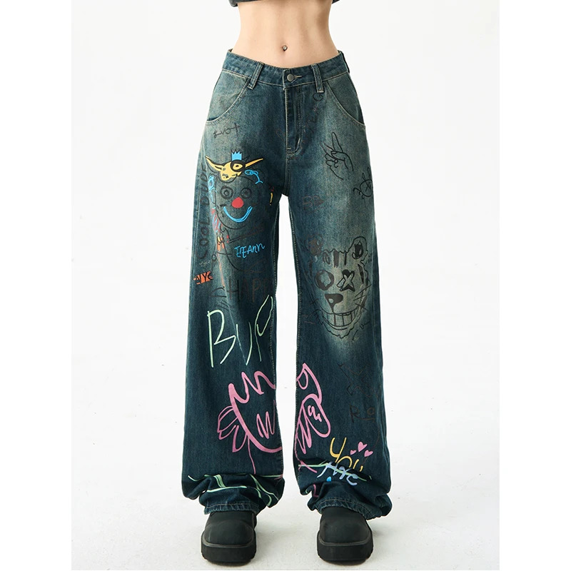 Y2K Retro Wide Leg Baggy Denim Trouser - Vintage High Waist Loose Jeans for Women