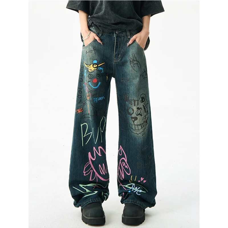 Y2K Retro Wide Leg Baggy Denim Trouser - Vintage High Waist Loose Jeans for Women