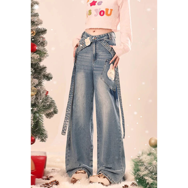 Y2K Retro Wide Leg Baggy Denim Trouser with Vintage Print - High Waist Loose Jeans for Women