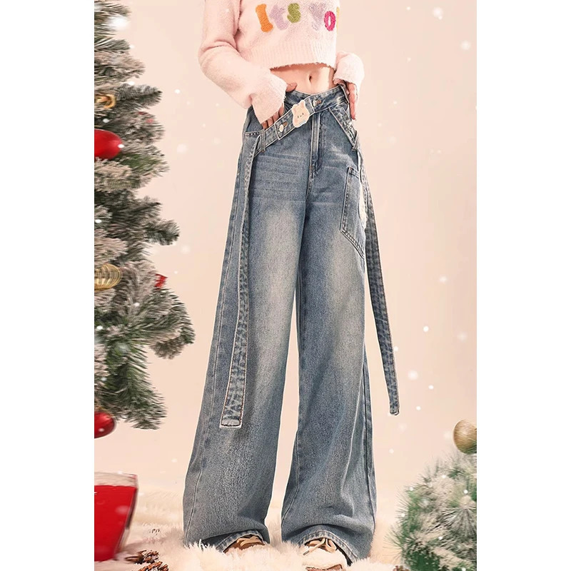 Y2K Retro Wide Leg Baggy Denim Trouser with Vintage Print - High Waist Loose Jeans for Women