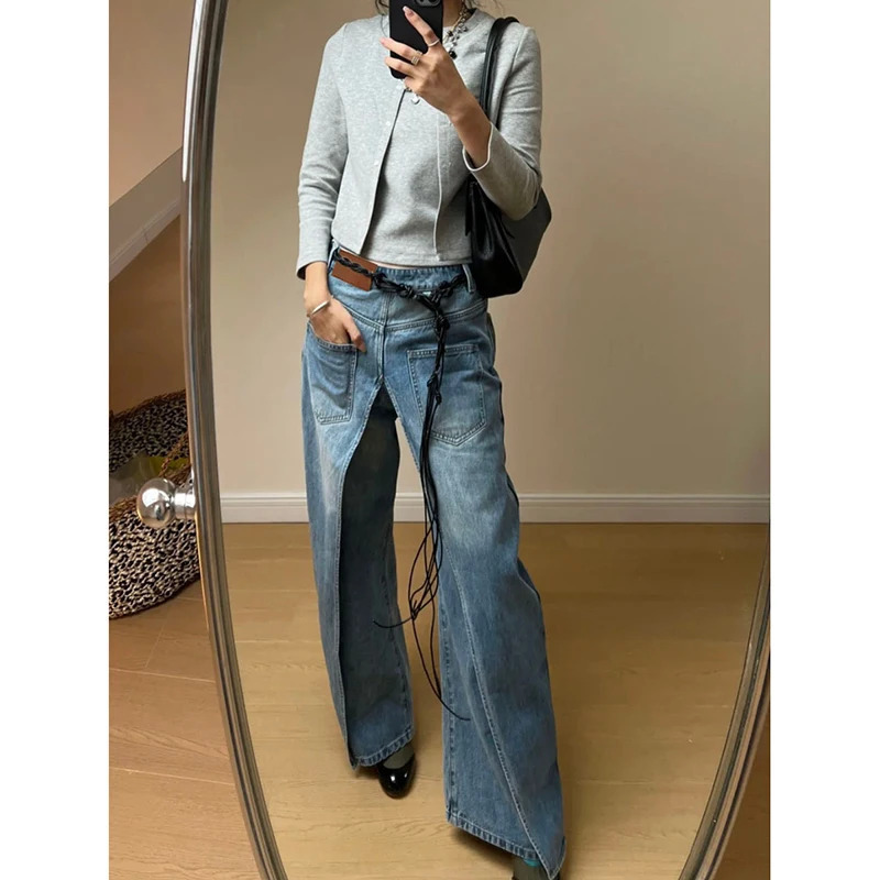 Y2K Retro Wide Leg Denim Jeans - Vintage High Waist Baggy Casual Trouser for Women