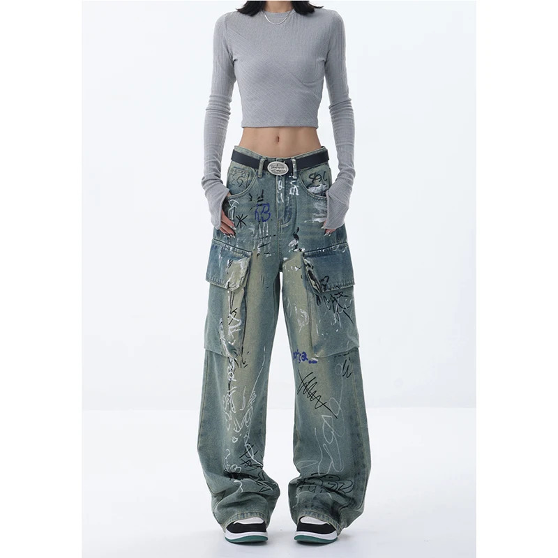 Y2K Retro Wide Leg Denim Trouser - Vintage High Waist Baggy Jeans for Women