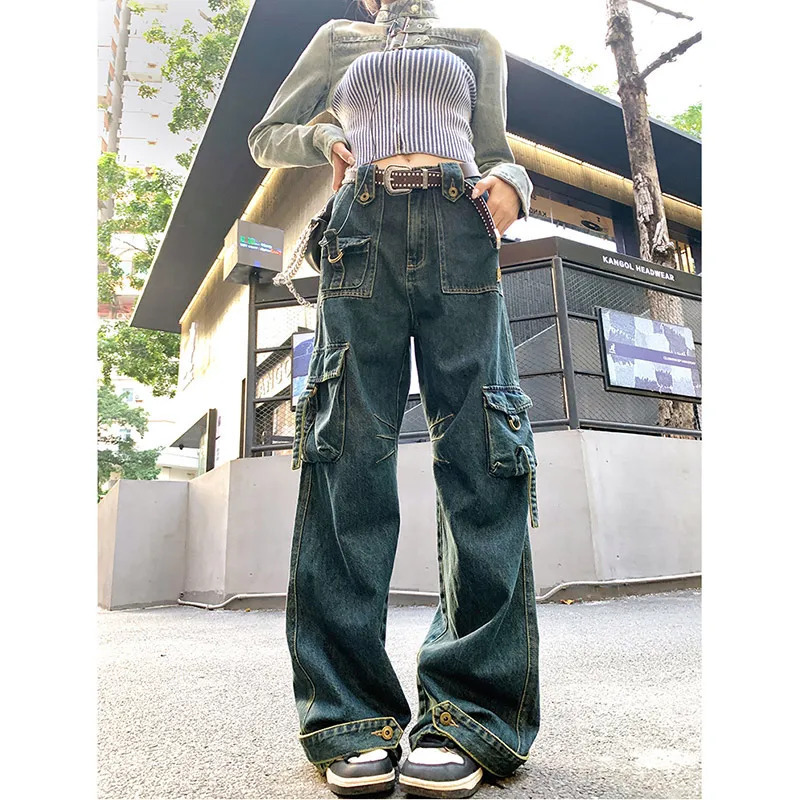 Y2K Retro Wide Leg Denim Trouser: Vintage High Waist Loose Jeans for Women's Casual Style in 2024