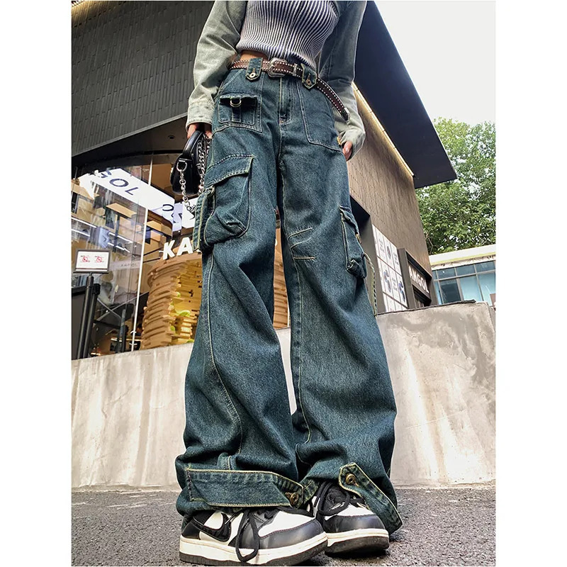 Y2K Retro Wide Leg Denim Trouser: Vintage High Waist Loose Jeans for Women's Casual Style in 2024