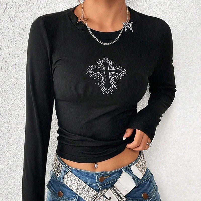 Y2K Rhinestone Gothic Long Sleeve Crop Top - 90s Grunge, Retro, Pastel Goth, Y2