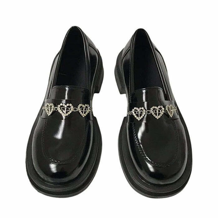 Y2K Rhinestone Heart Loafers - 90s Grunge, Retro, Pastel Goth, and Summer Y