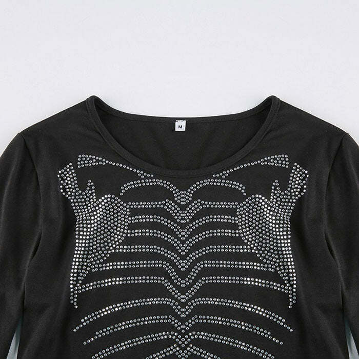 Y2K Rhinestone Skeleton Crop Top - 90s Grunge, Retro, Pastel Goth, Summer Party Outfit