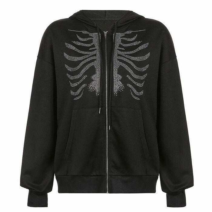 Y2K Rhinestone Skeleton Hoodie - 90s Grunge, Retro Goth, Y2K Party & Club Outfits