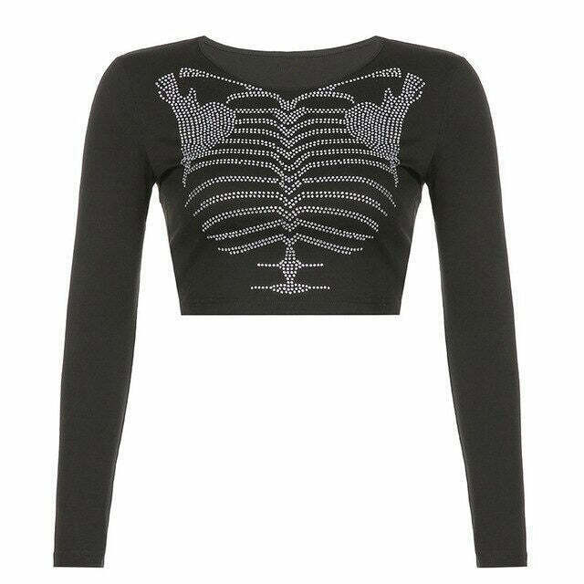 Y2K Rhinestone Skeleton Long Sleeve Top - 90s Grunge, Retro, Gothic, Summer Party Outfit