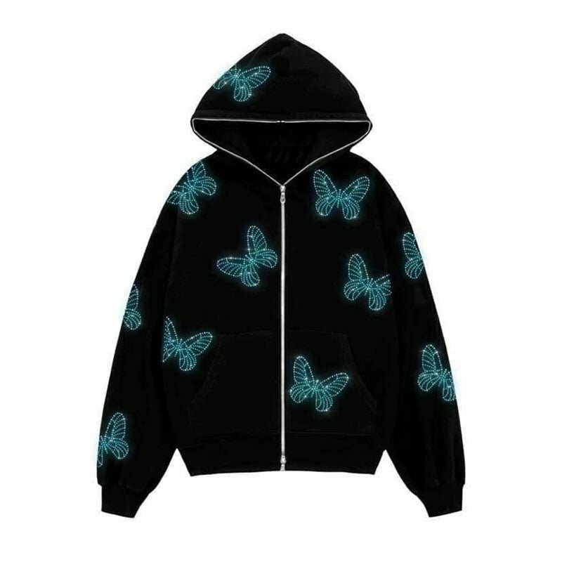 Y2K Rhinestone Zipper Hoodie - 90s Grunge, Retro, Pastel Goth, Summer & Party Out