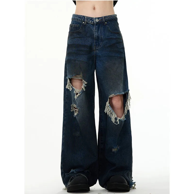 Y2k Ripped Jeans: Women's Baggy Harajuku Denim Trousers - Vintage Streetwear Aesthetic