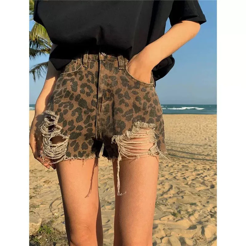 Y2K Ripped Leopard Print High Waist Tassel Mini Cowboy Shorts - Women's Streetwear Fashion