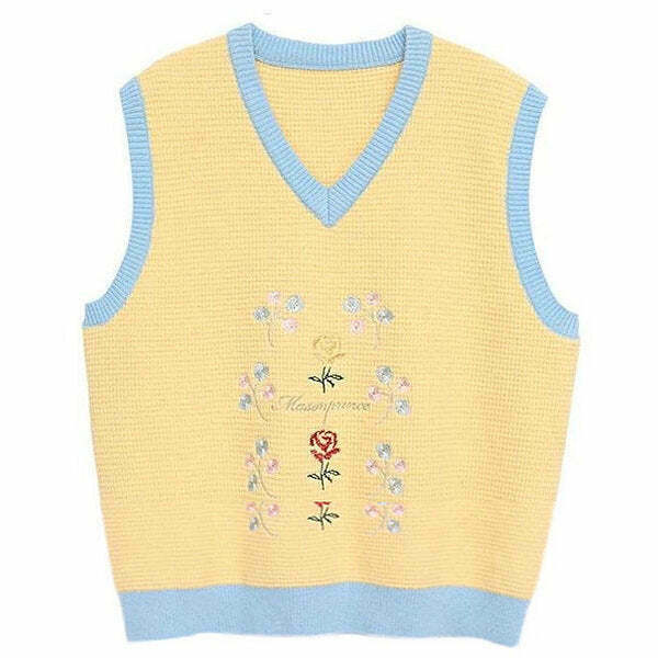 Y2K Rose Embroidery Knit Vest - 90s Grunge, Retro Summer, Pastel Goth, Y2K