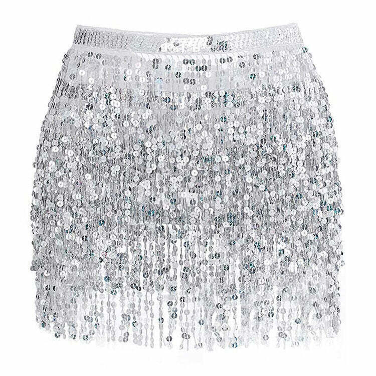 Y2K Sequin Fringe Skirt - Retro 90s Grunge, Party, Club, and Summer Outfits