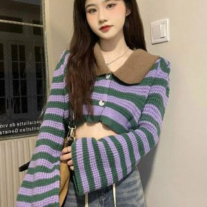 Y2K Sexy Striped Flare Cardigan - 90s Grunge, Retro Summer, Pastel Goth, Party