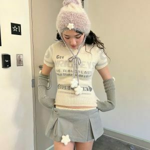 Y2K Short Sleeve Knit Sweater - Retro 90s Grunge, Summer Y2K Outfits, Pastel