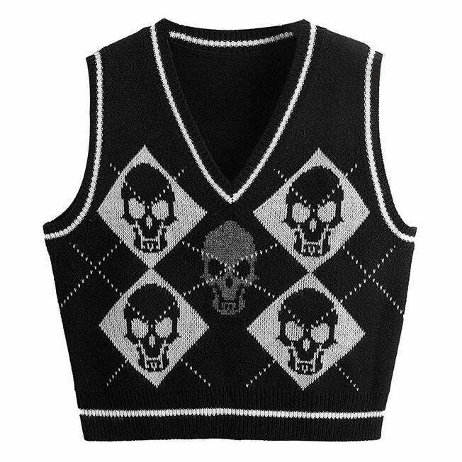 Y2K Skull Argyle Vest - Retro 90s Grunge, Pastel Goth, and Summer Y2K Out