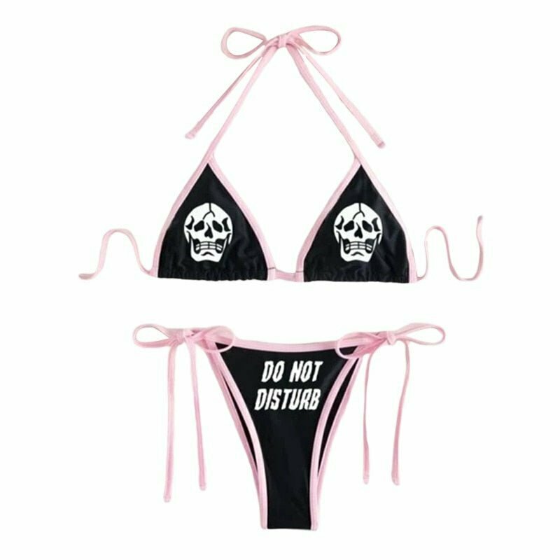 Y2K Skull Print Bikini 'DO NOT DISTURB' - Retro 90s Grunge Summer Beach Outfit