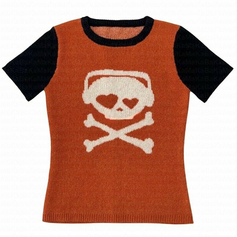 Y2K Skull Print Knit Crop Top - 90s Grunge, Retro, Pastel Goth, Summer Party Outfit