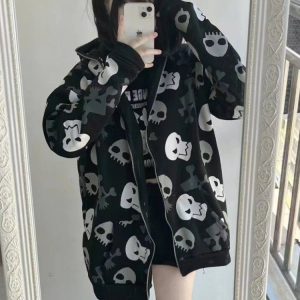 Y2K Skull Print Zip Hoodie - Grunge, 90s, Retro, Gothic, Summer, Party, Club Out