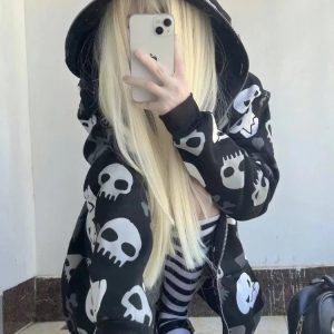 Y2K Skull Print Zip Hoodie - Grunge, 90s, Retro, Gothic, Summer, Party, Club Out